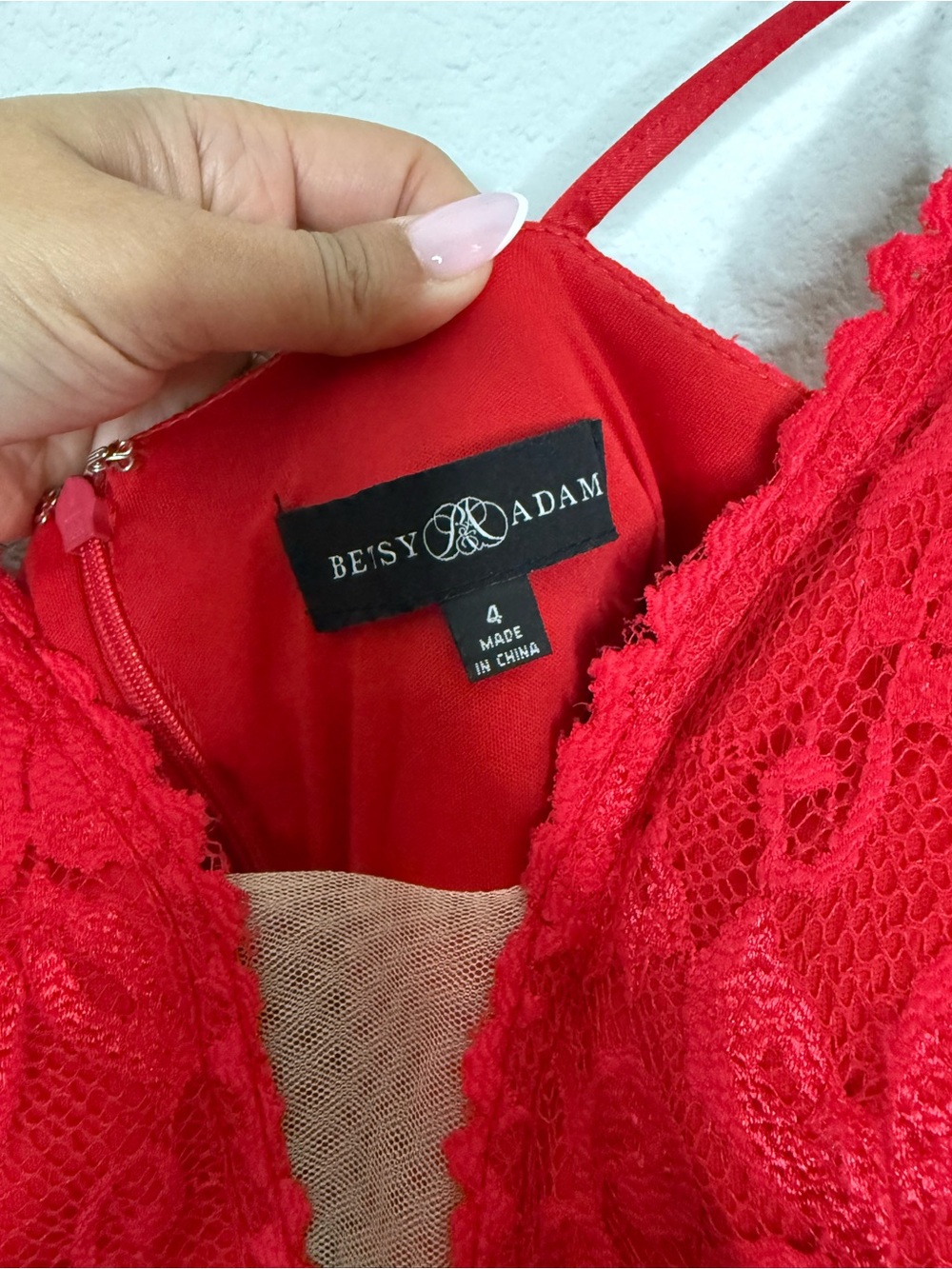 Betsy & Adam Red Lace Plunge Halter Prom Gown - Picture 2 of 7